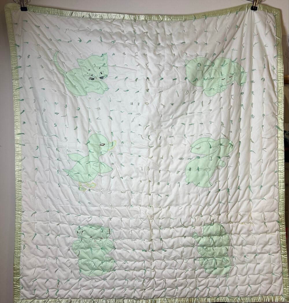 Vintage Handmade Baby Quilt 40x44.5 Hand Tied Appliqué Animals Satin Trim Crib
